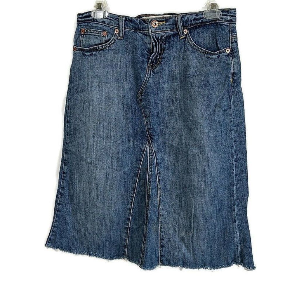 Bongo Womens sz 5 Skirt Blue Denim Med Wash Faded Knee Length Aline Zip Closure